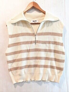 DOUBLE ZERO Women's Cream & Tan Striped Quarter Zip Polo Sweater Vest Size Small